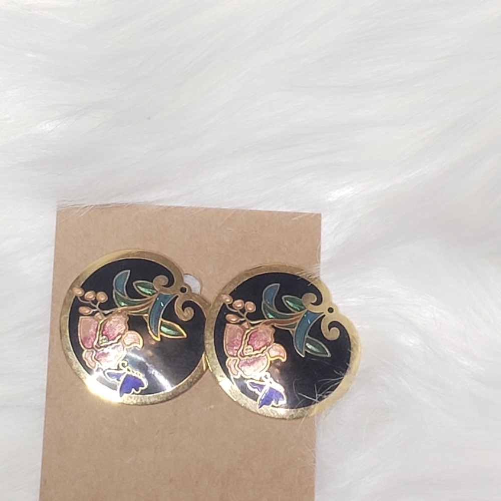 Vintage Cloisonne Floral and Gold Trim Earrings